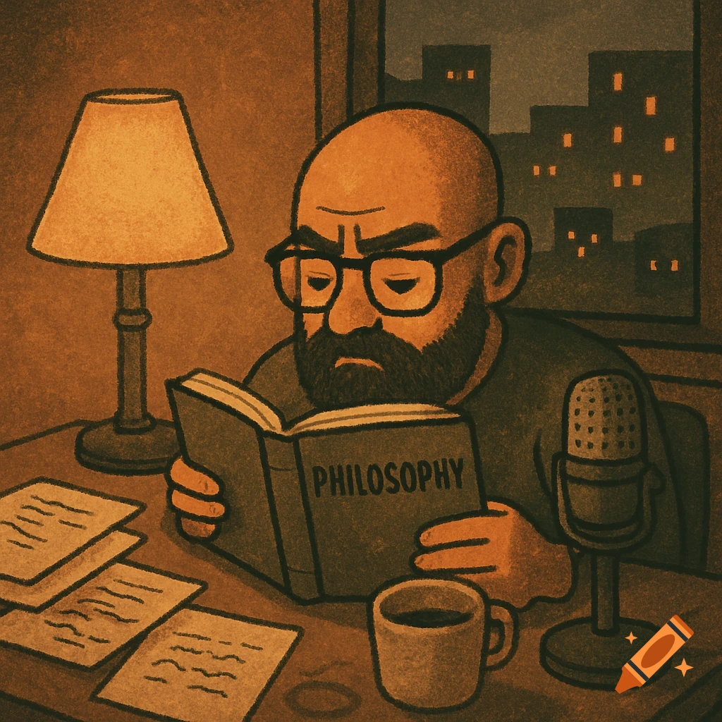 Lo-fi illustration of a bald, bearded man in glasses reading a book titled 'PHILOSOPHY' at a messy desk at night.