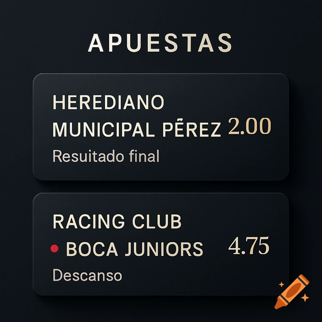 A dark UI for a sports betting app showing two soccer matches: Herediano vs Municipal P Garratt with odds 2.00, and Racing Club vs Boca Juniors with odds 4.75.