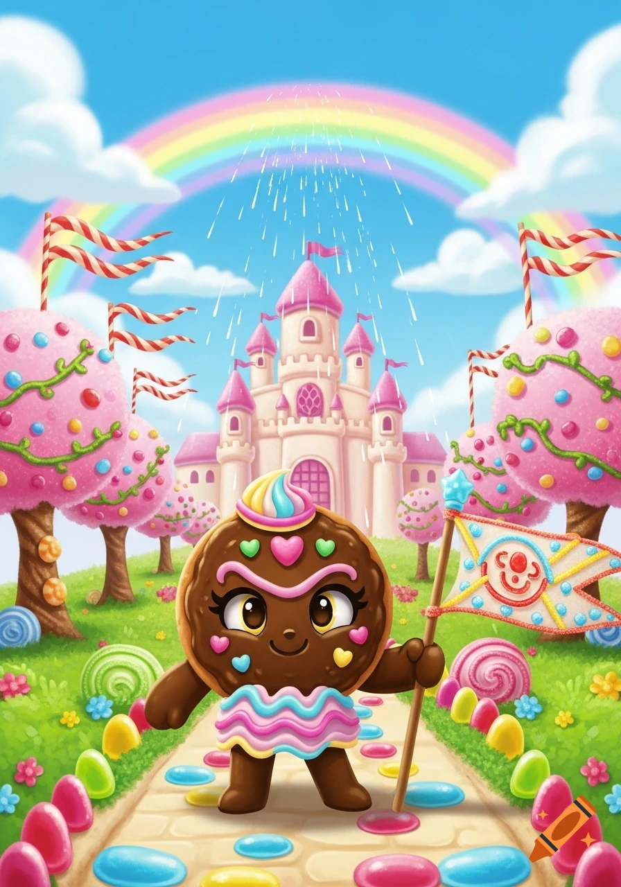 A cheerful, chocolate cookie character holds a flag in a vibrant candy land with a pink castle and rainbow under a blue sky.