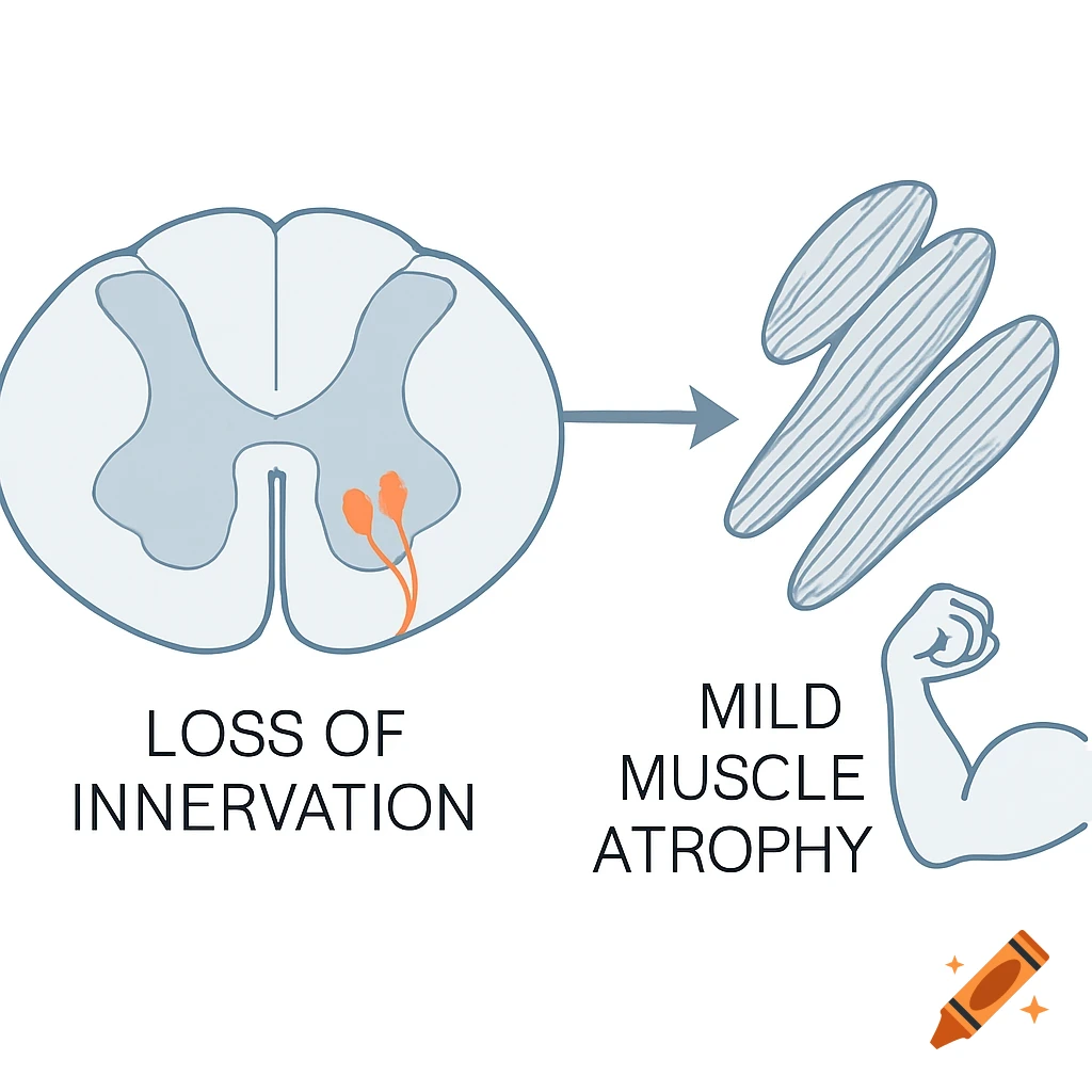 Vector diagram of spinal cord innervation loss leading to mild muscle atrophy, showing a spinal cord, muscle fibers, and a weak arm.