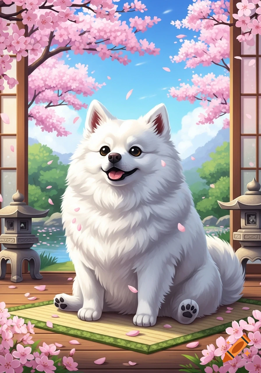 A fluffy white dog sits smiling on a tatami mat surrounded by pink cherry blossoms in a traditional Japanese garden.