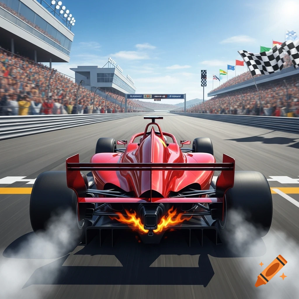Red Formula 1 race car speeding on a track towards the finish line, with crowds in the stands, photorealistic.