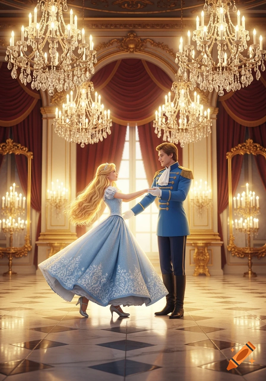 A blond princess in a blue gown dances with a prince in a blue uniform in an ornate, chandelier-lit ballroom.