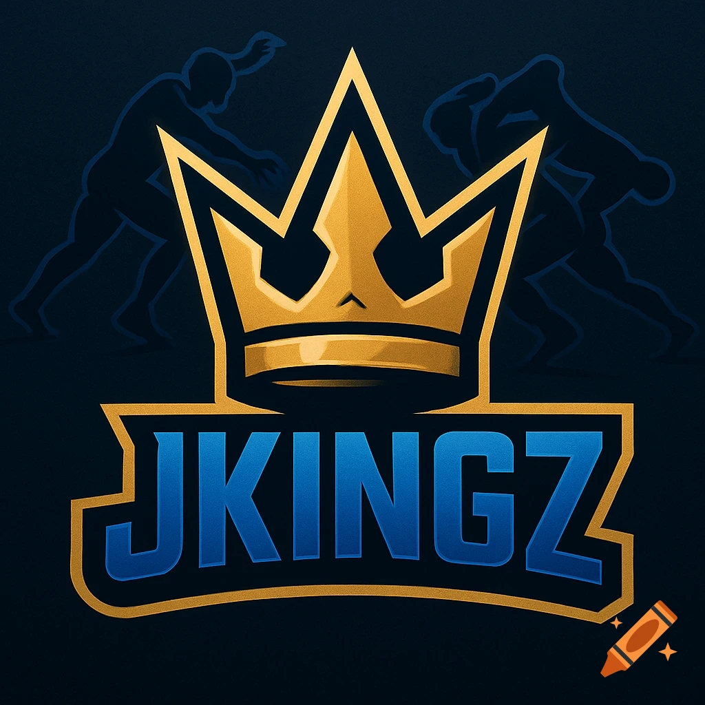 A wrestling logo featuring a golden crown above blue and gold text "JKINGZ", with two wrestling silhouettes in the dark background.