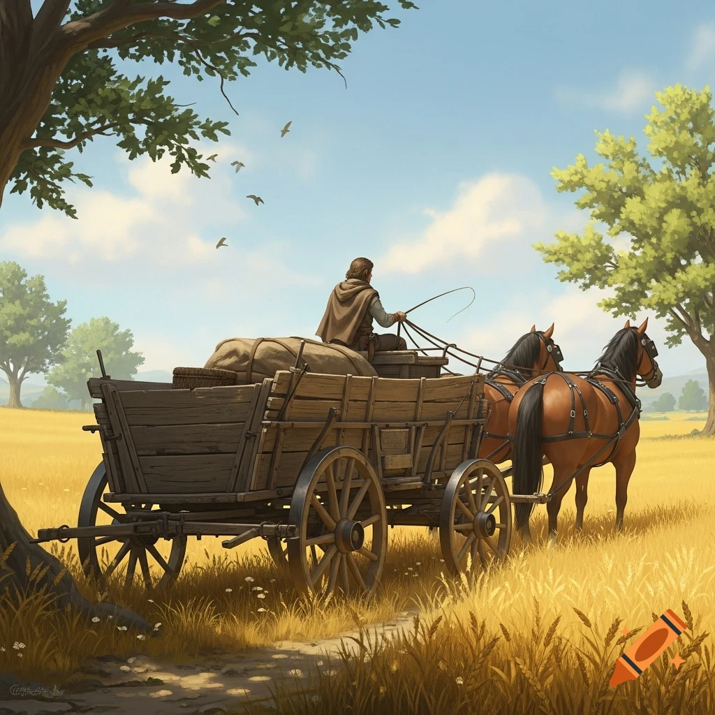 A lone person drives a wooden horse-drawn wagon loaded with goods through a sunny, golden field, digital painting.