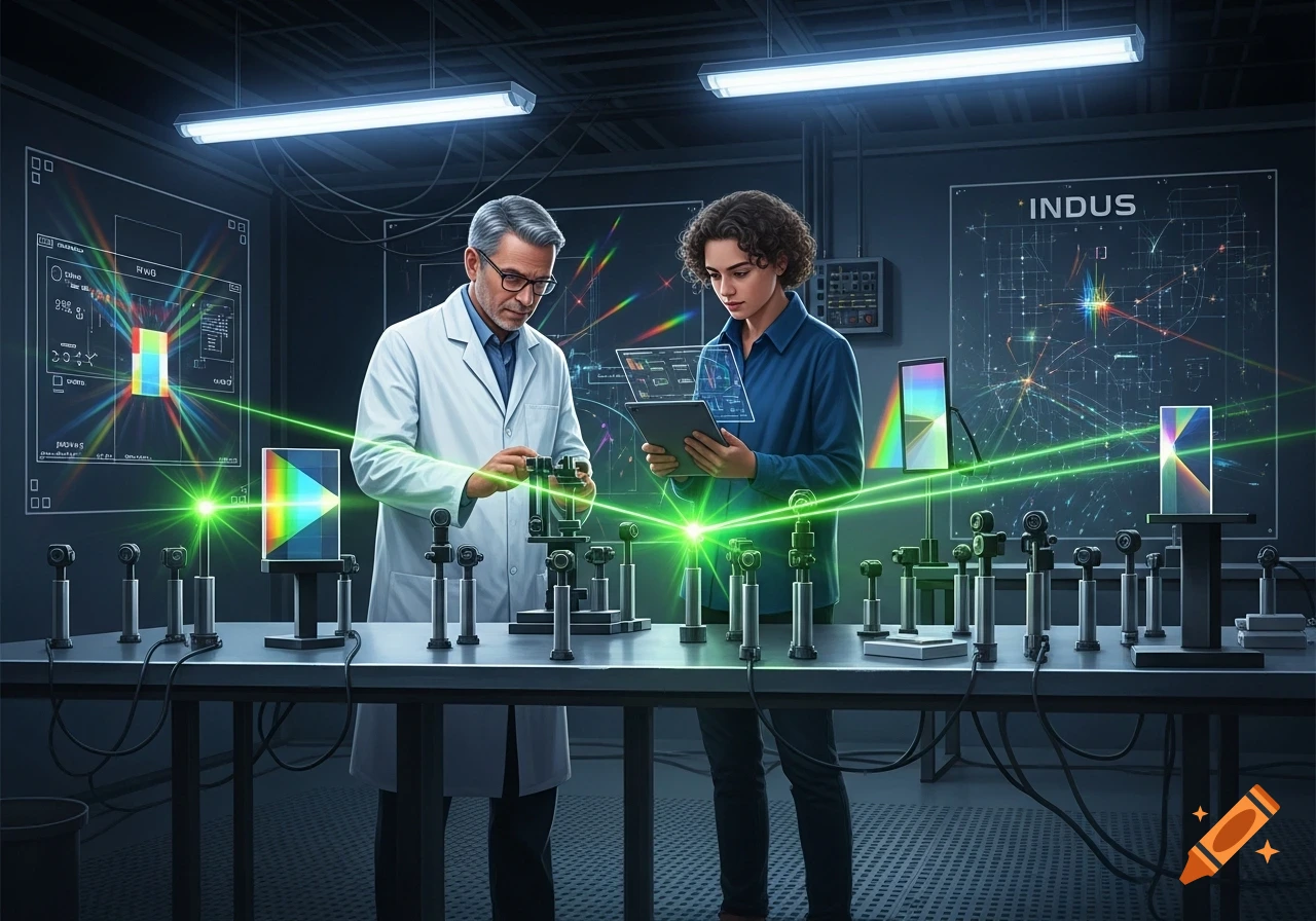 Two scientists, an older man and a younger woman, work with green lasers and optical equipment in a futuristic lab.