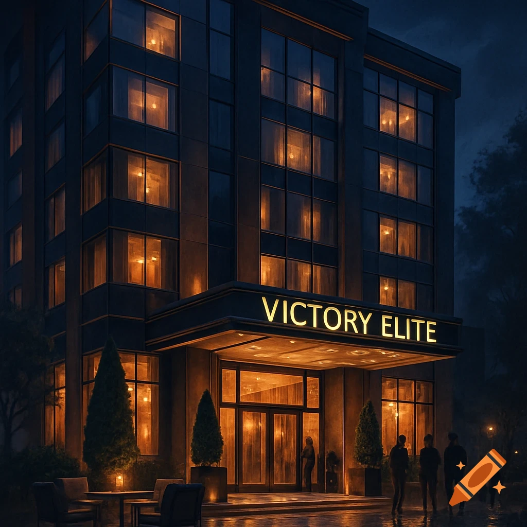 A modern, dark hotel building with many illuminated windows and a bright 'VICTORY ELITE' sign above the entrance at night.