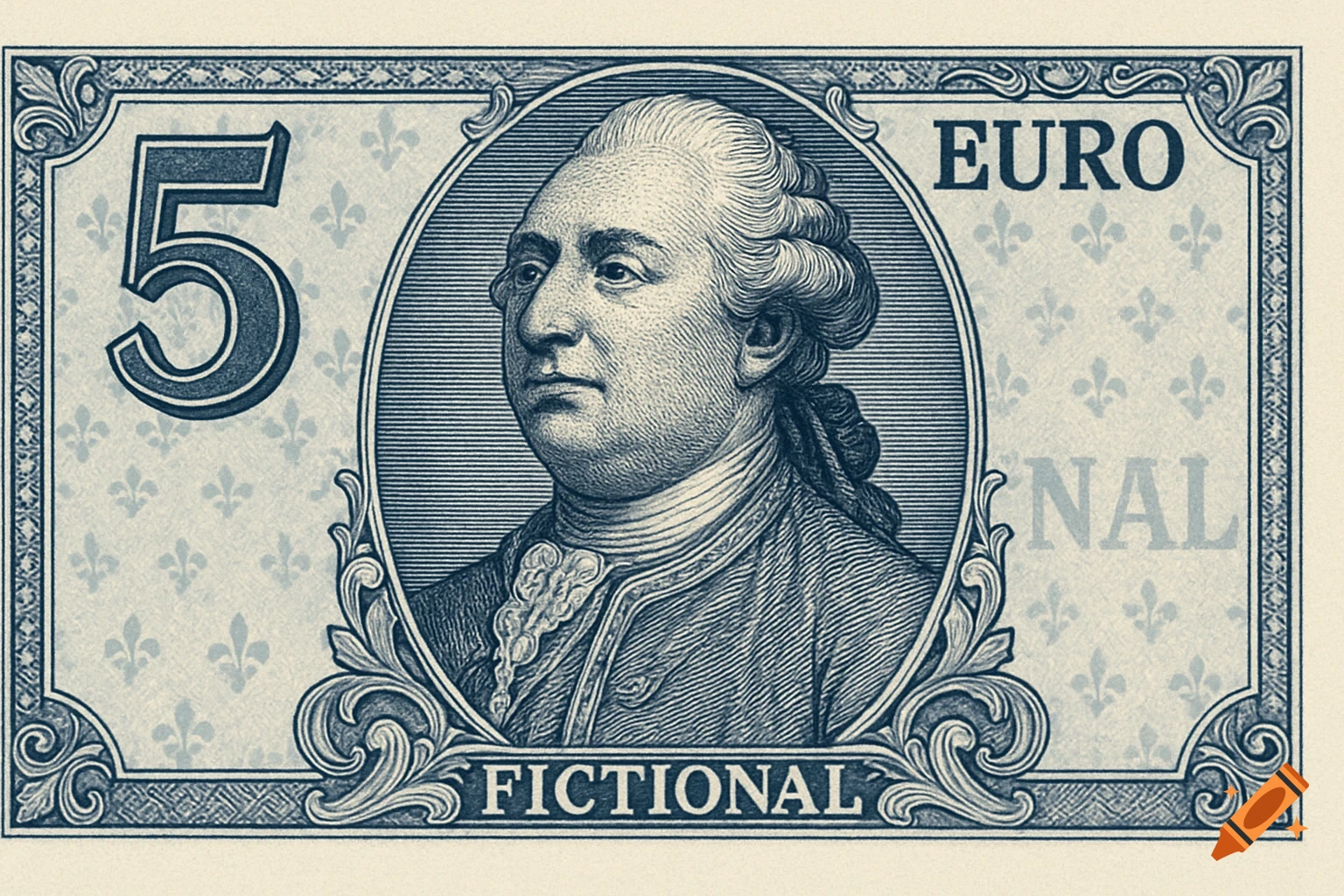A conceptual 5 Euro banknote in blue and grey, featuring an engraved portrait of King Louis XVI, a large '5', and 'FICTIONAL' text.