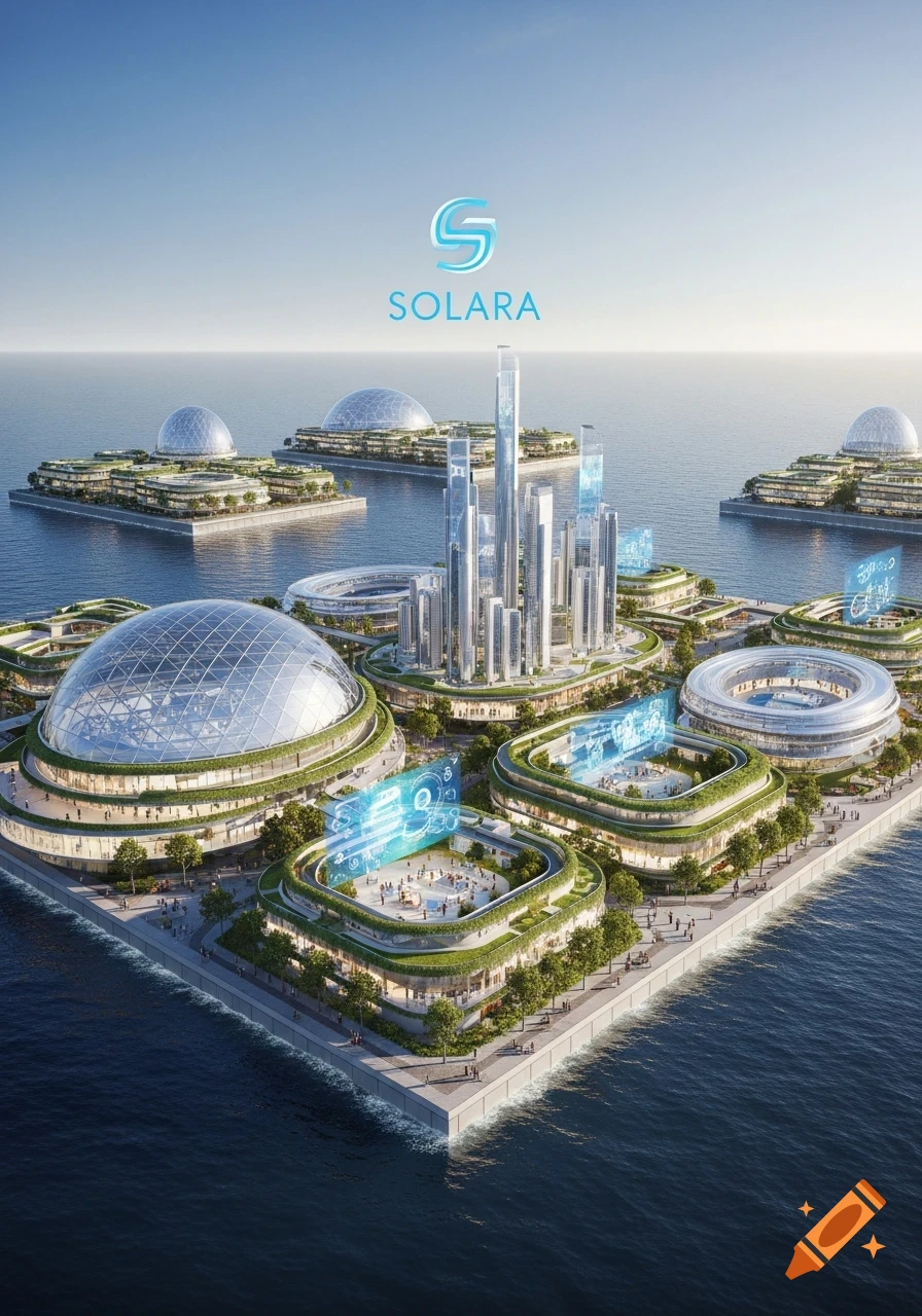 Aerial view of a futuristic city named Solara with sleek buildings, glass domes, and green platforms over a blue ocean.