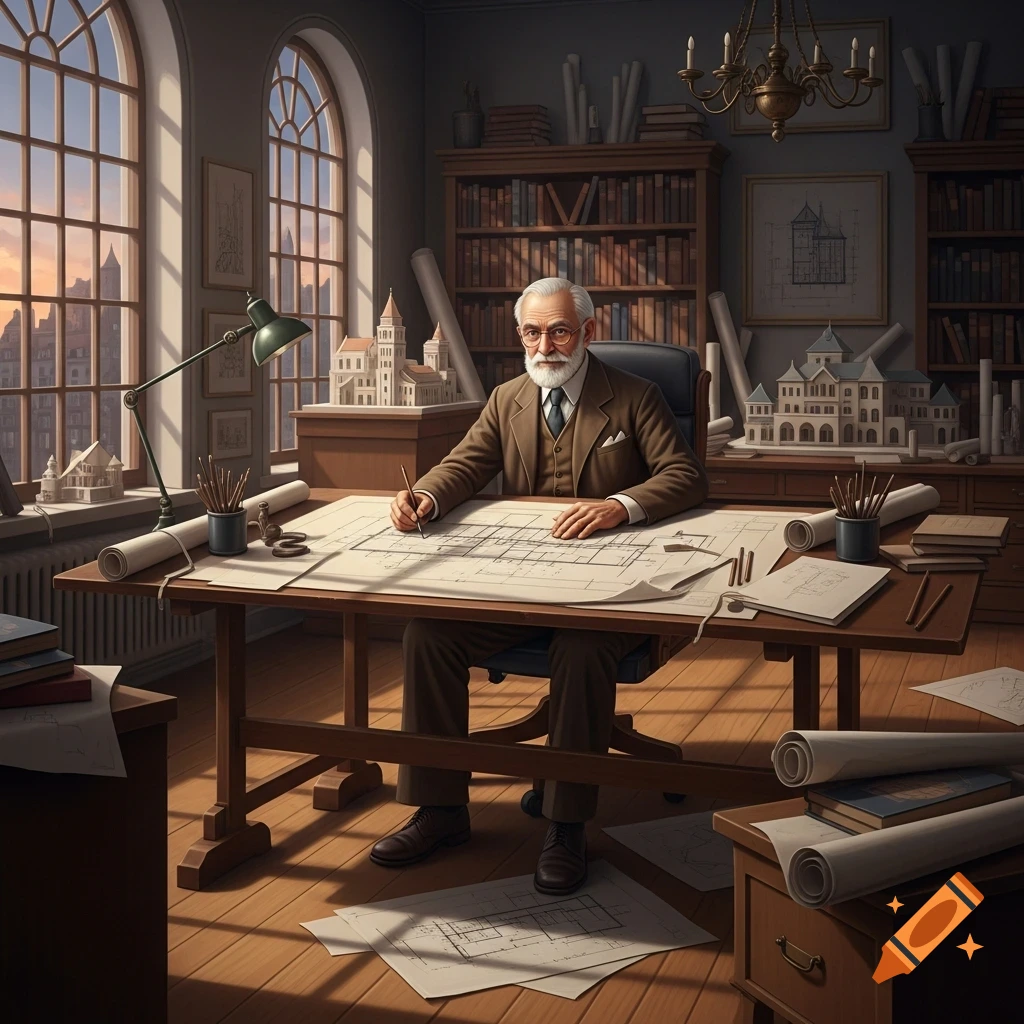 An elderly architect with a white beard sketches on blueprints at a large wooden desk, surrounded by building models and bookshelves in his sunlit study.