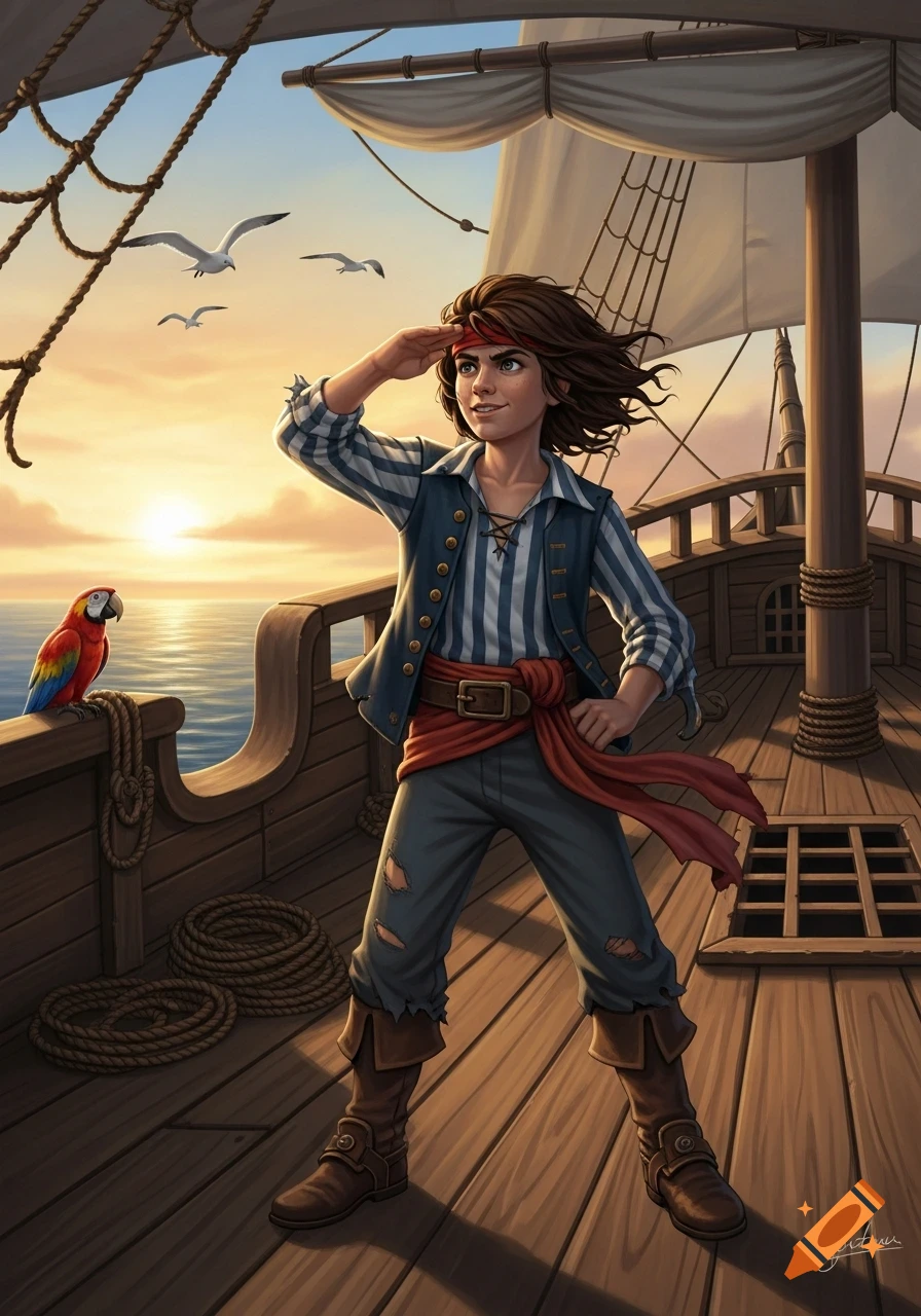 A young pirate boy with a red bandana and striped shirt stands on a ship's deck, saluting towards a sunset over the ocean. A parrot perches on the rail.