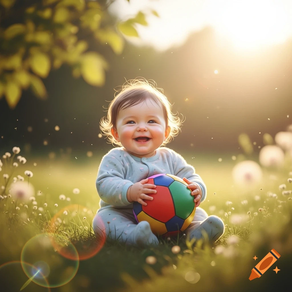 A smiling baby sits in a grassy field, holding a colorful sports ball with sunlight shining through trees in the background.