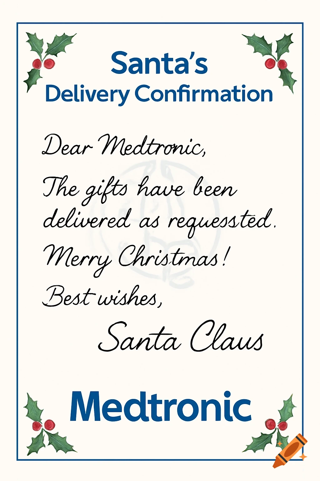 A Christmas-themed delivery confirmation letter from Santa Claus to Medtronic, with holly decorations.