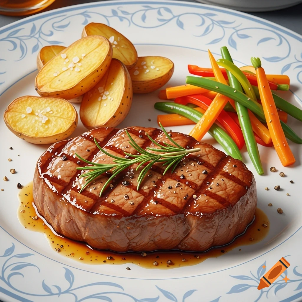 A perfectly cooked steak with grill marks, rosemary, roasted potatoes, and colorful steamed vegetables on a white patterned plate.