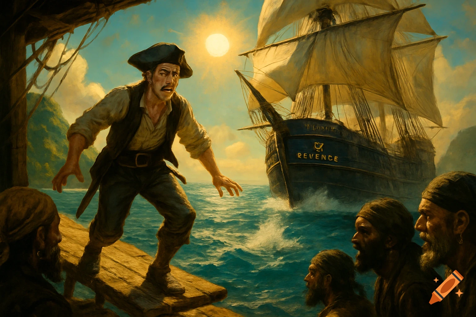 A pirate with a mustache and tricorn hat stands on a wooden plank, looking back at a large sailing ship named 'REVENGE' on a turquoise sea under a bright sun, with other pirates watching.