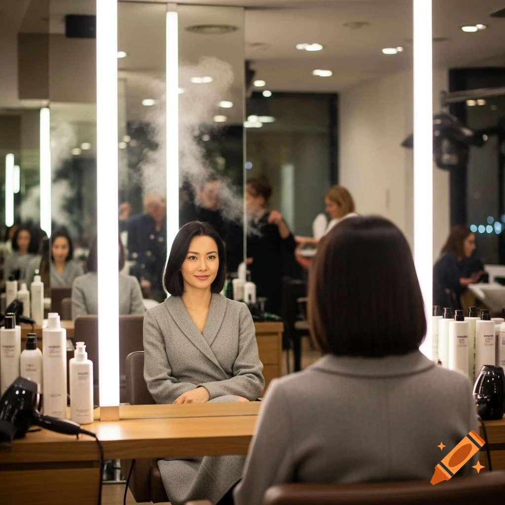 A woman with short dark hair in a gray coat sits at a counter in a hair salon, smiling at her reflection as steam rises.