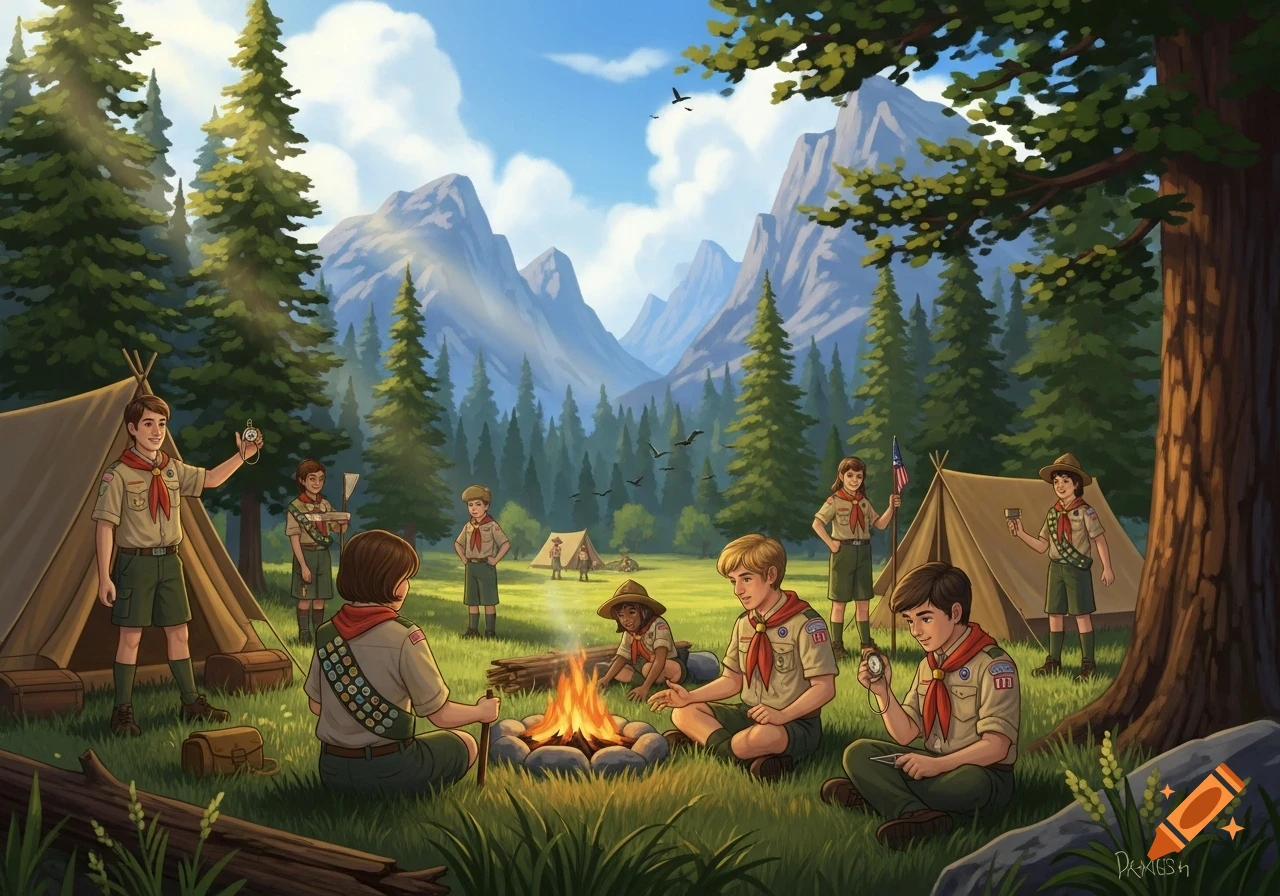 Cartoon illustration of scouts (boys and girls) camping around a campfire in a mountain forest with tents.