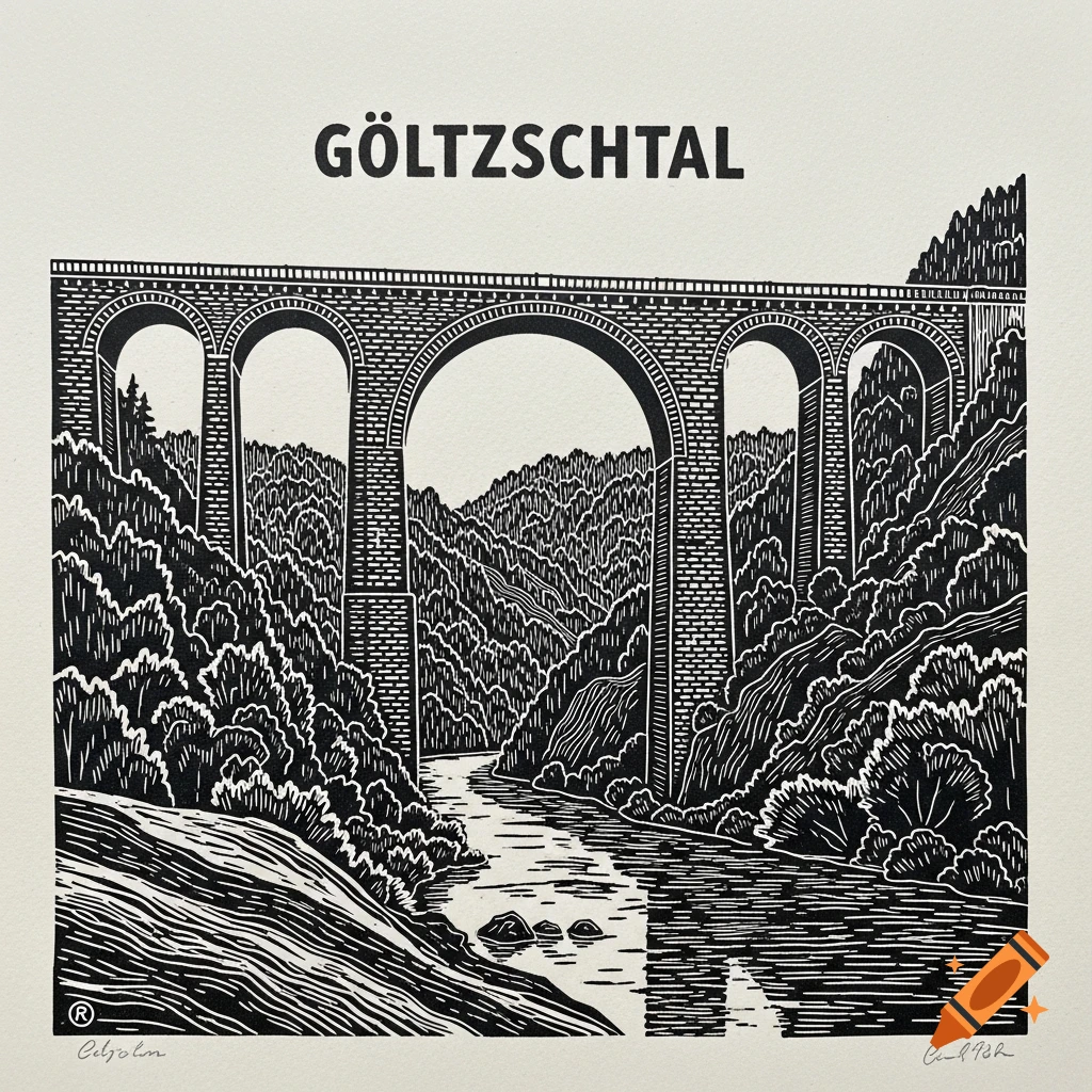 A black and white linocut shows the Göltzschtal Viaduct, a large arched bridge over a river in a forested valley, with 'GÖLTZSCHTAL' text.
