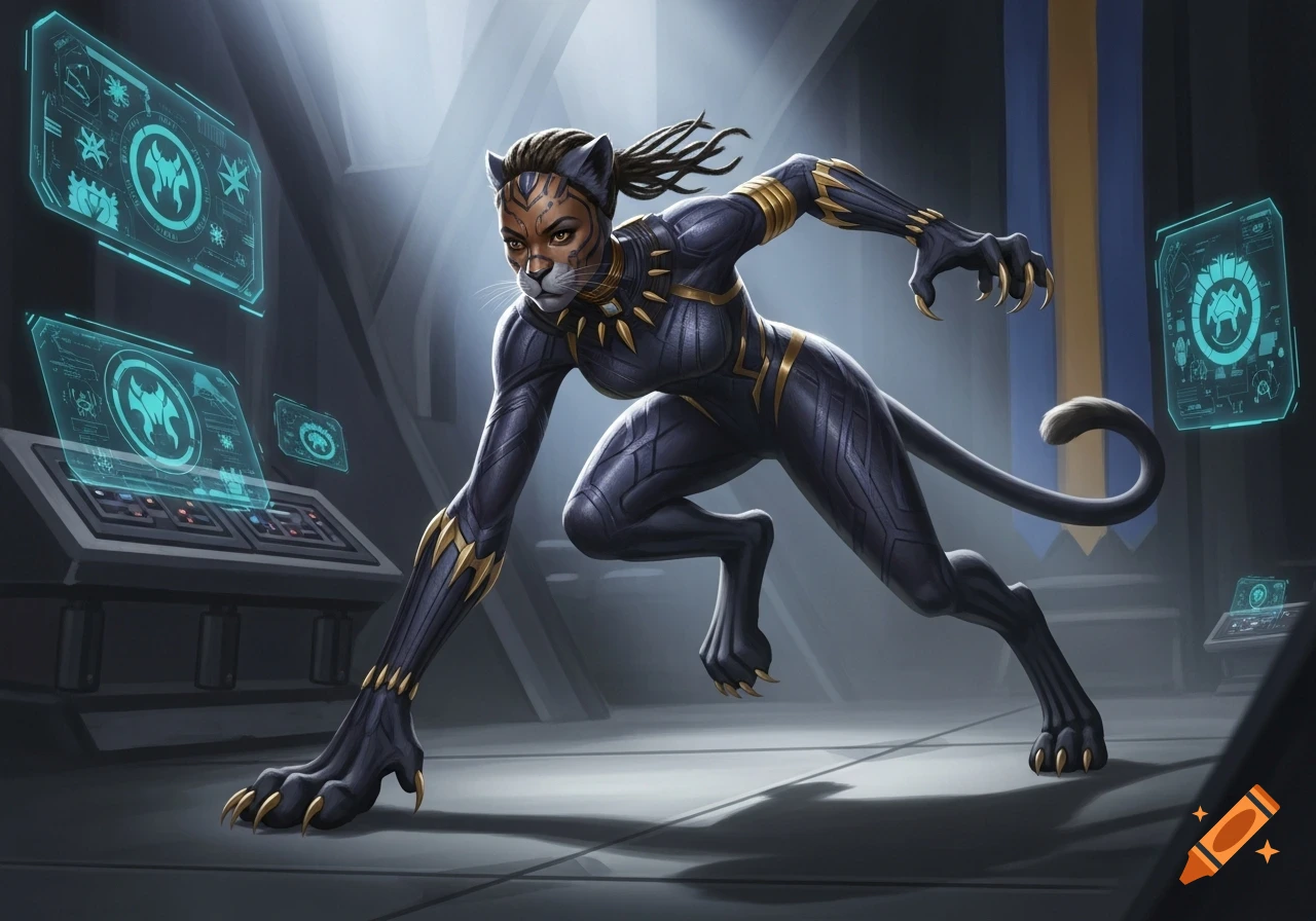 Female panther-like superhero in a black and gold suit with claws, crouching in a futuristic sci-fi setting.