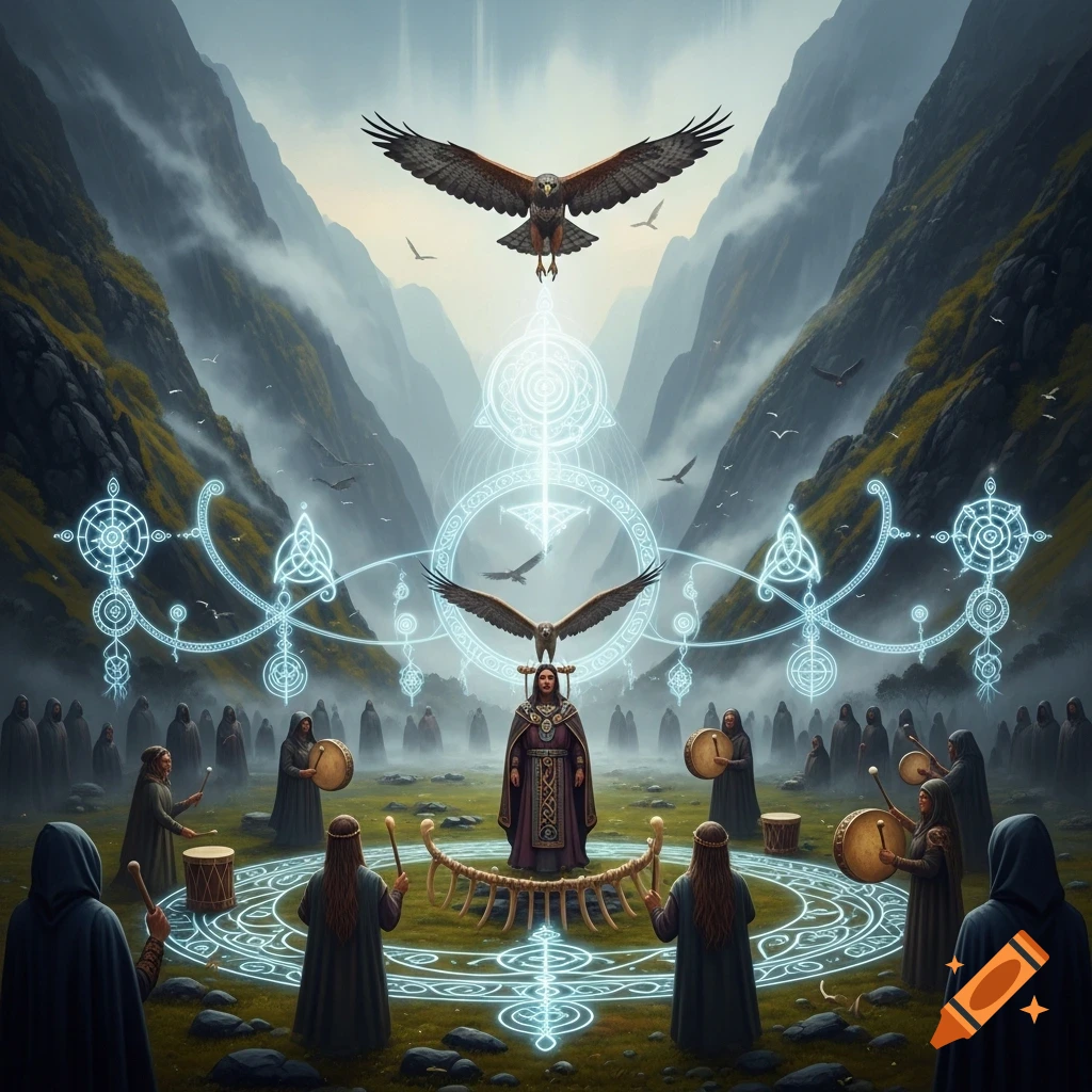 A majestic hawk above a misty valley where cloaked figures gather in a ritual circle with glowing Celtic patterns, in a fantastical, painterly style.