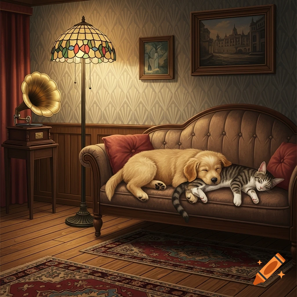 A golden puppy and a tabby cat sleep on a couch in a cozy 1920s living room with a Tiffany lamp.