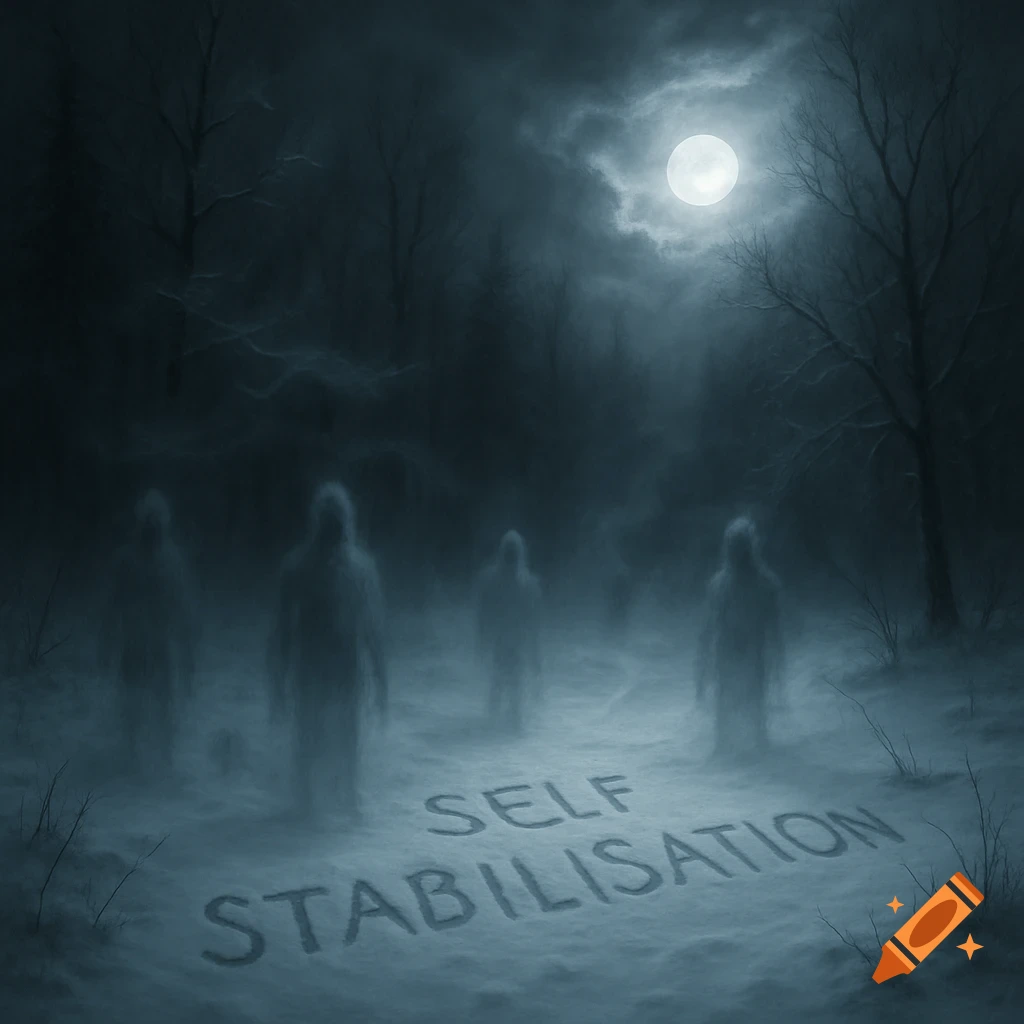 A dark, foggy winter forest under a full moon, with several ghostly figures and 'SELF STABILISATION' written in the snow.
