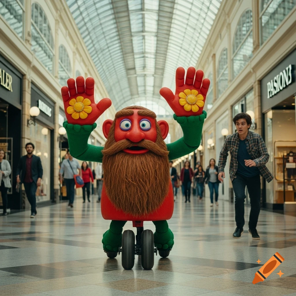 A giant, red, bearded puppet with flowery hands on wheels chases a man through a bustling, photorealistic shopping mall.