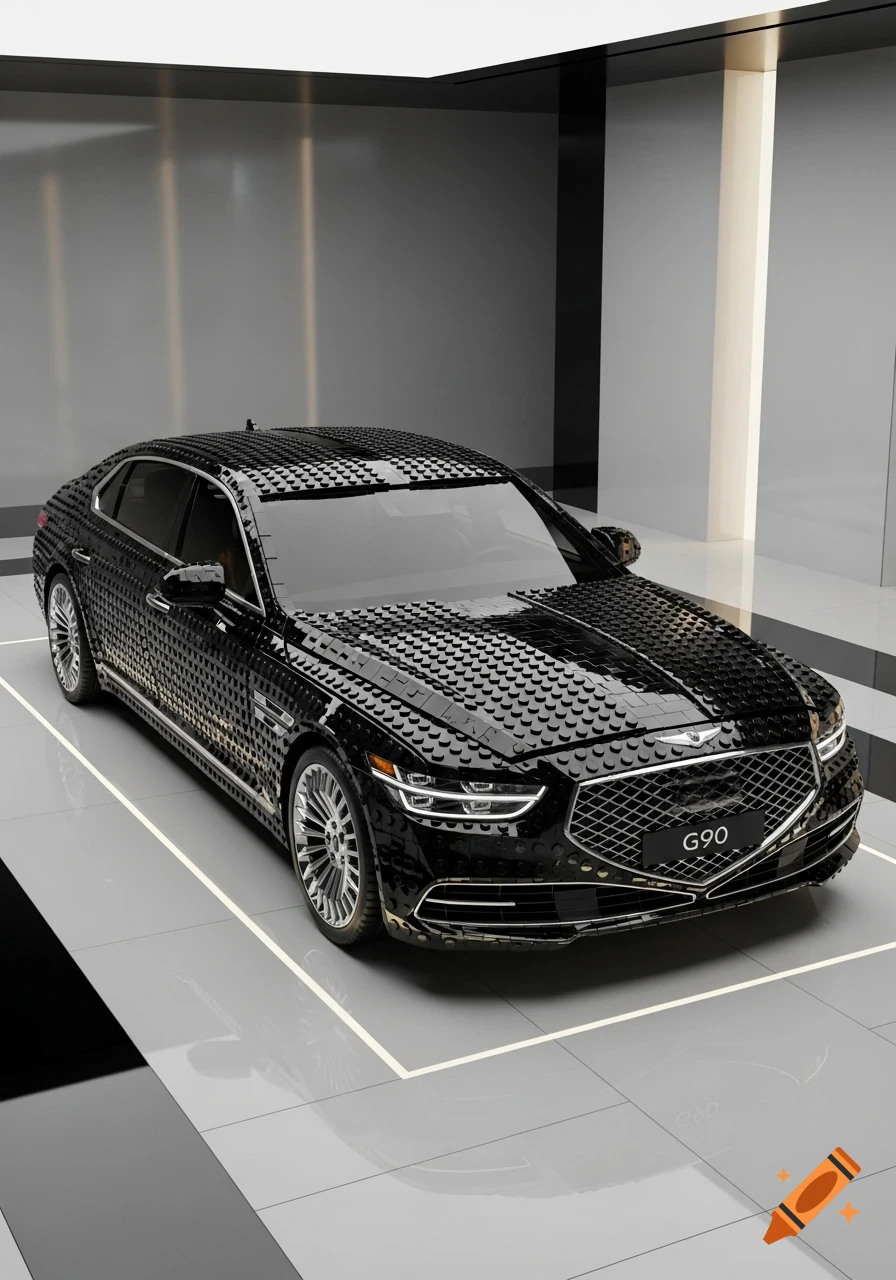 A black Genesis G90 sedan, with its surface resembling black LEGO bricks, parked in a minimalist showroom.