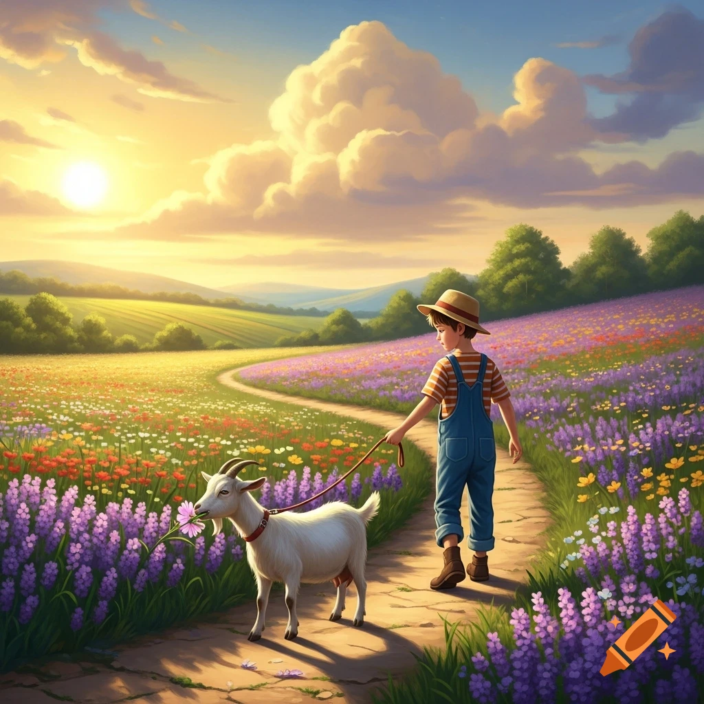 A boy in overalls leads a white goat eating a purple flower along a path in a colorful wildflower field under a golden sunset sky, illustration.