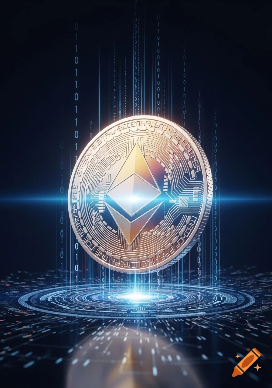 A sparkling gold and silver Ethereum coin with a circuit board pattern, surrounded by glowing binary code and light effects on a dark background.