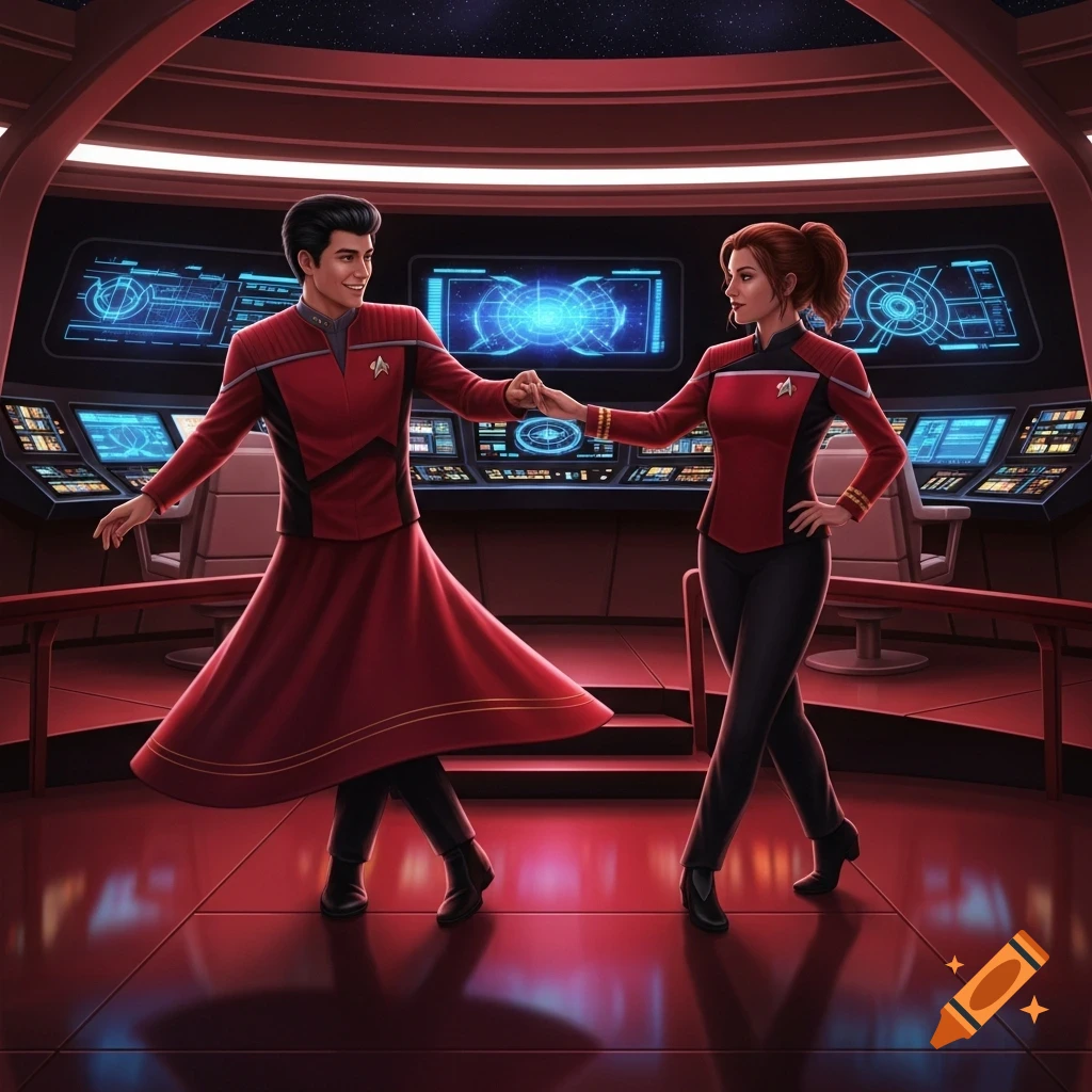 Two Starfleet officers in red Wrath of Khan-era uniforms dance on the bridge of a starship, surrounded by glowing blue control panels.
