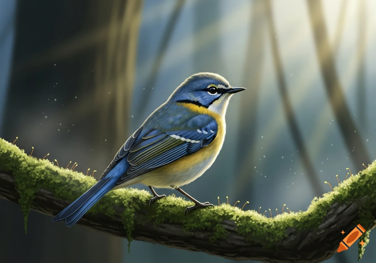 A blue and yellow bird with black eyes and beak perches on a moss-covered branch in a sunlit forest.