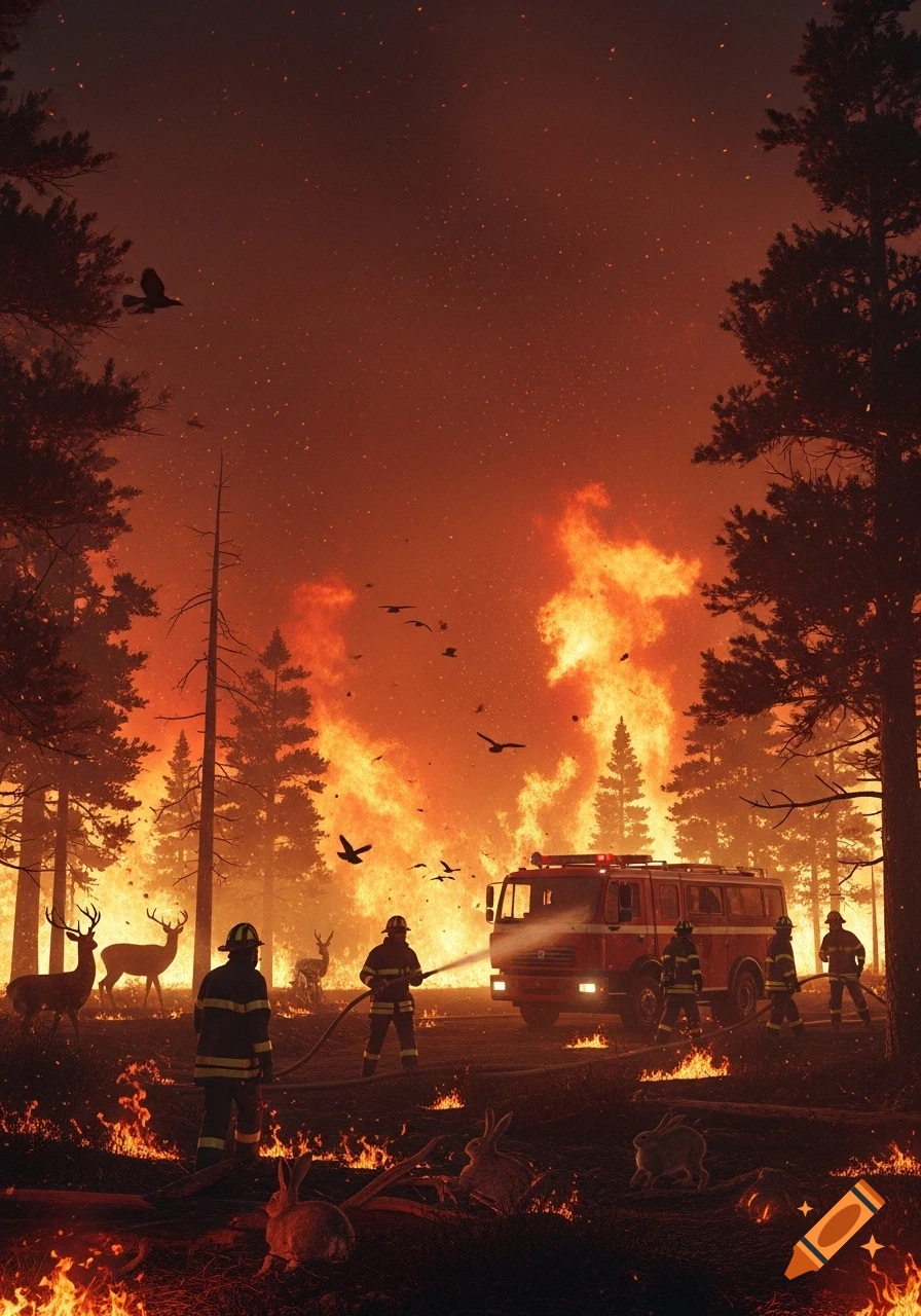 Firefighters battle a massive forest fire in a burning pine forest as deer, rabbits, and birds flee, in a stylized drawing effect.