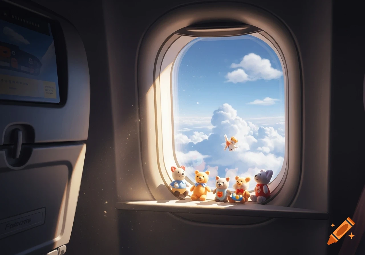 Five cute, cartoonish plush toys sit on an airplane windowsill, looking out at a blue sky with fluffy clouds. Another toy floats outside.