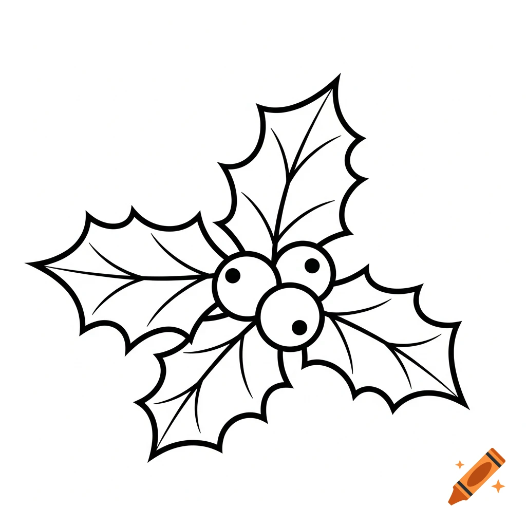 A simple black-and-white line art illustration of a stylized holly sprig with three leaves and two berries, designed for a coloring page.