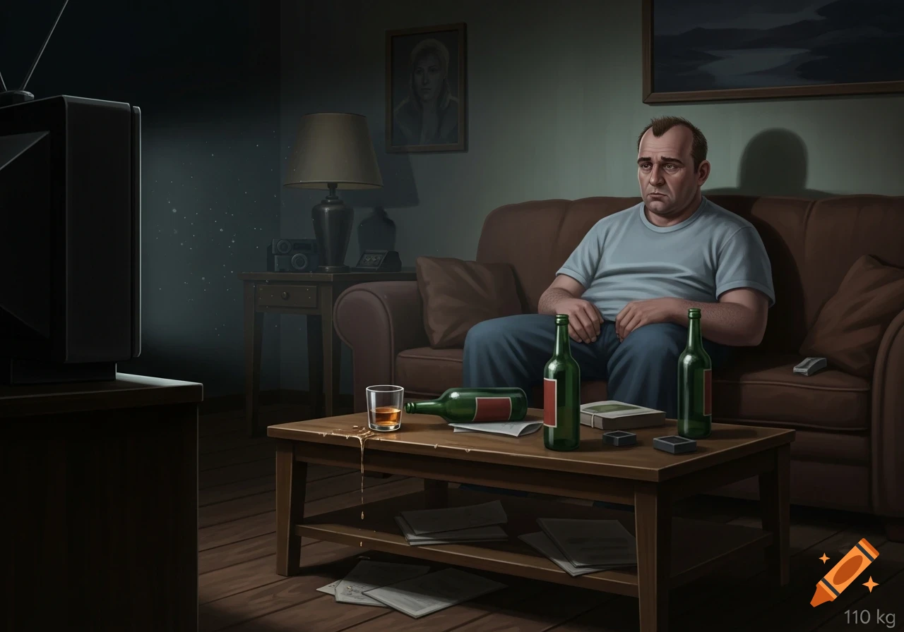 A sad, heavy-set man sits on a couch in a dim living room, drinking alcohol and watching TV.