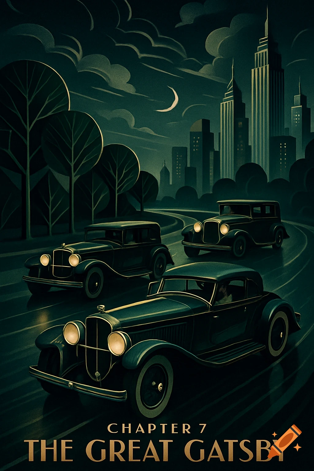 An Art Deco poster featuring three vintage cars on a winding road at night, with a city skyline and moon in the background. Text reads "CHAPTER 7 THE GREAT GATSBY".