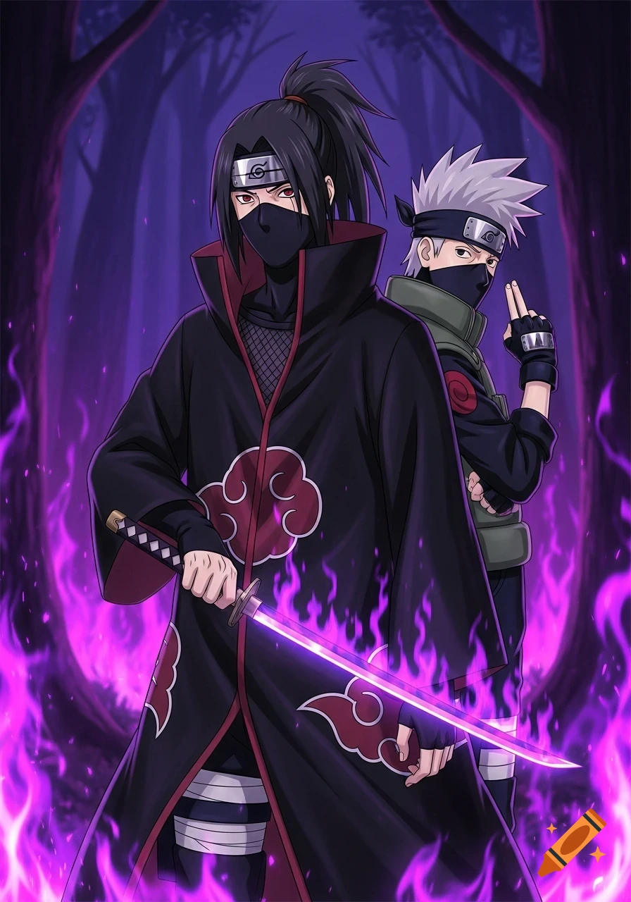 Two anime characters, Itachi and Kakashi, stand back to back in a dark forest with purple flames. Itachi wields a glowing purple katana.