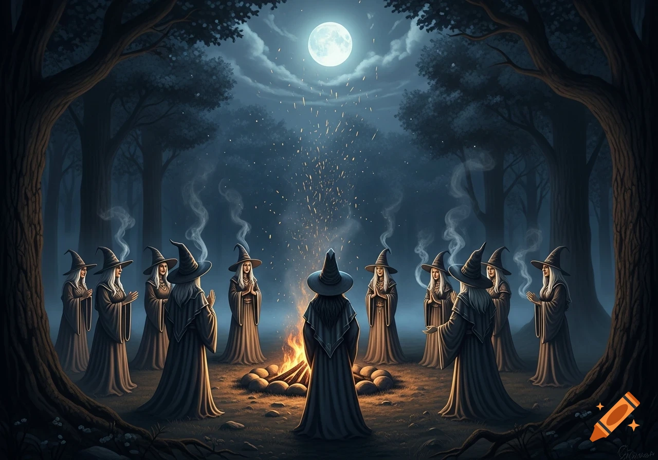 Digital painting of witches in pointed hats performing a ritual around a campfire in a dark forest under a full moon.