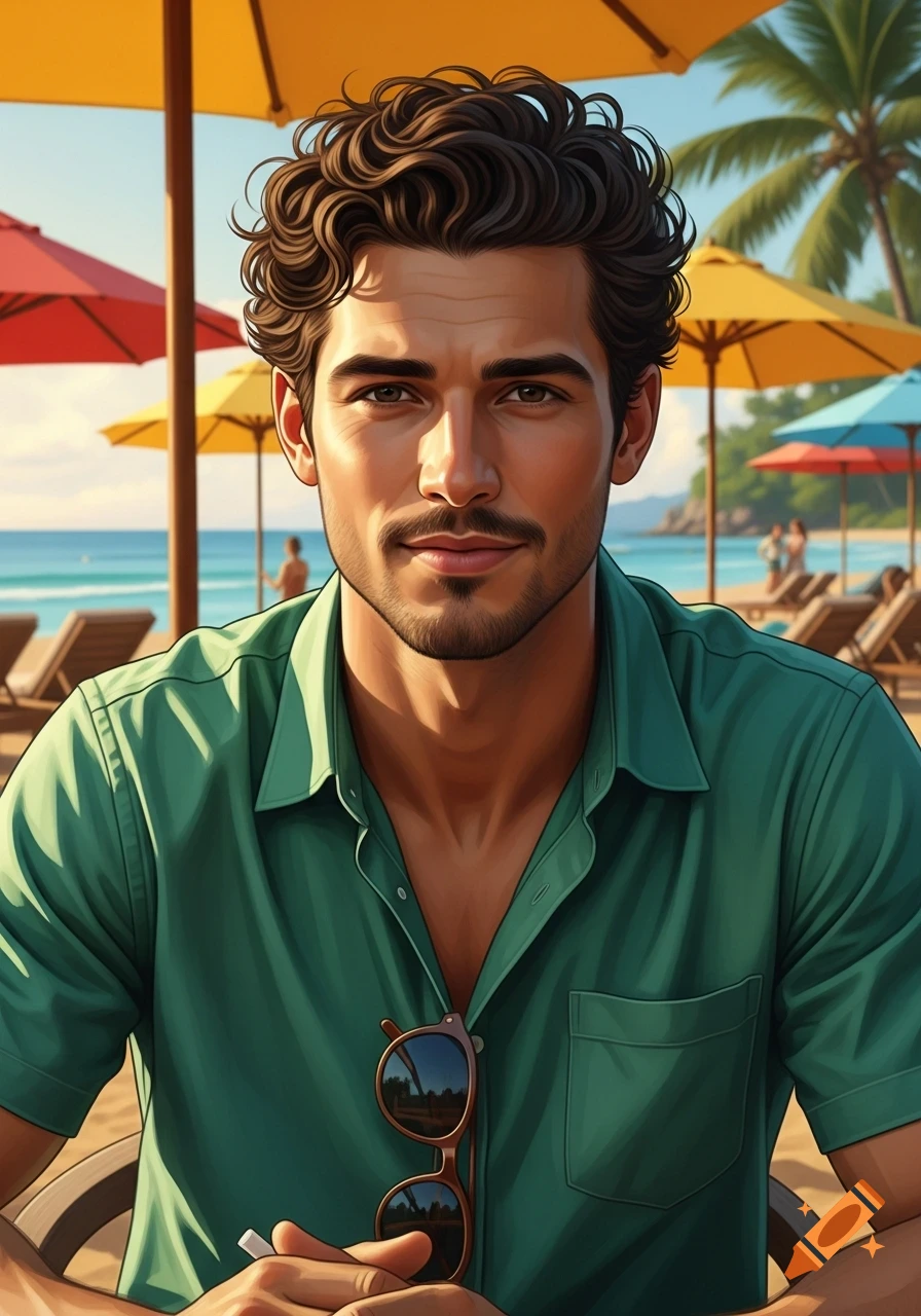 A photorealistic portrait of a man with curly brown hair and a beard, wearing a green shirt, sitting on a sunny beach.