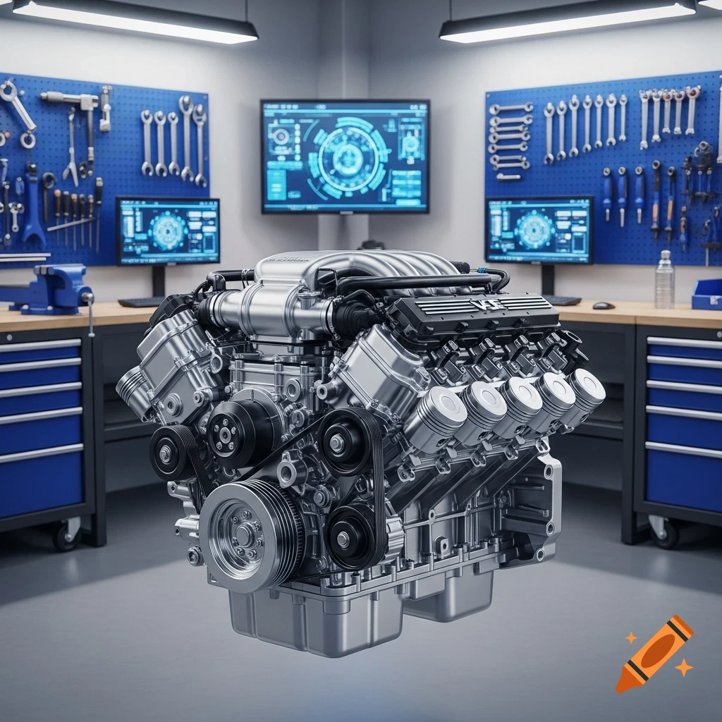 A detailed V6 engine floats in a modern workshop with blue tool cabinets, pegboards, and computer screens showing technical data.