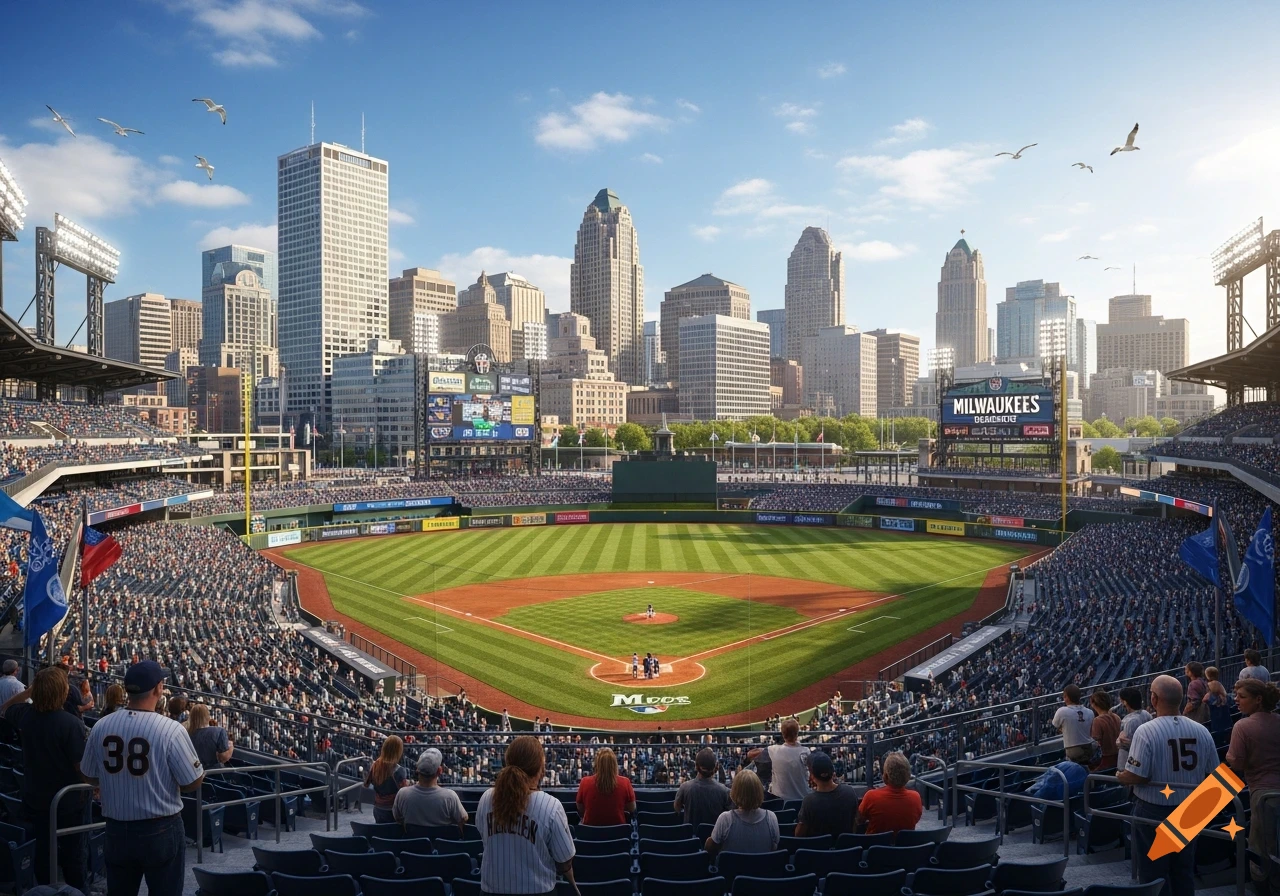 A panoramic view of a crowded baseball stadium with a vibrant city skyline under a clear blue sky, photorealistic style.