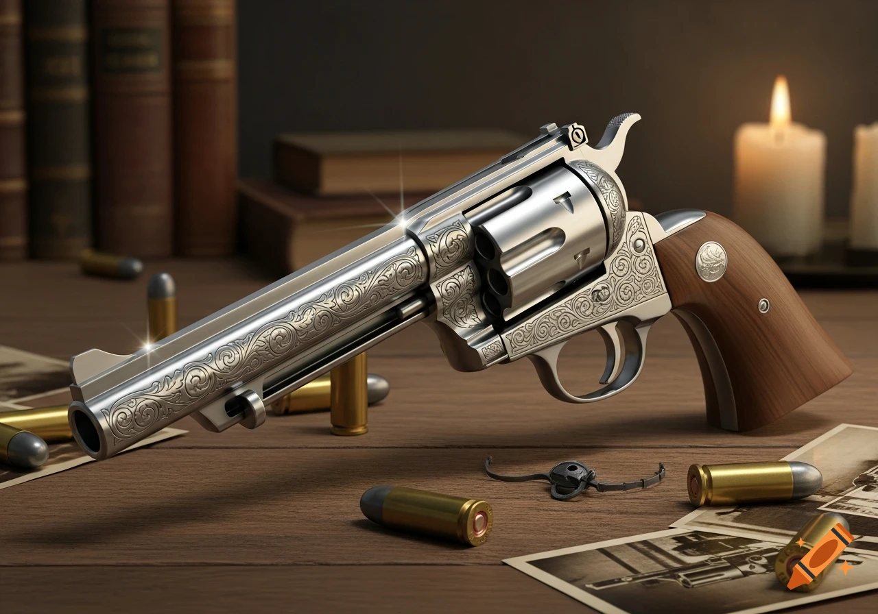 Photorealistic image of an ornate silver revolver on a wooden table with bullets, old photos, books, and a lit candle.