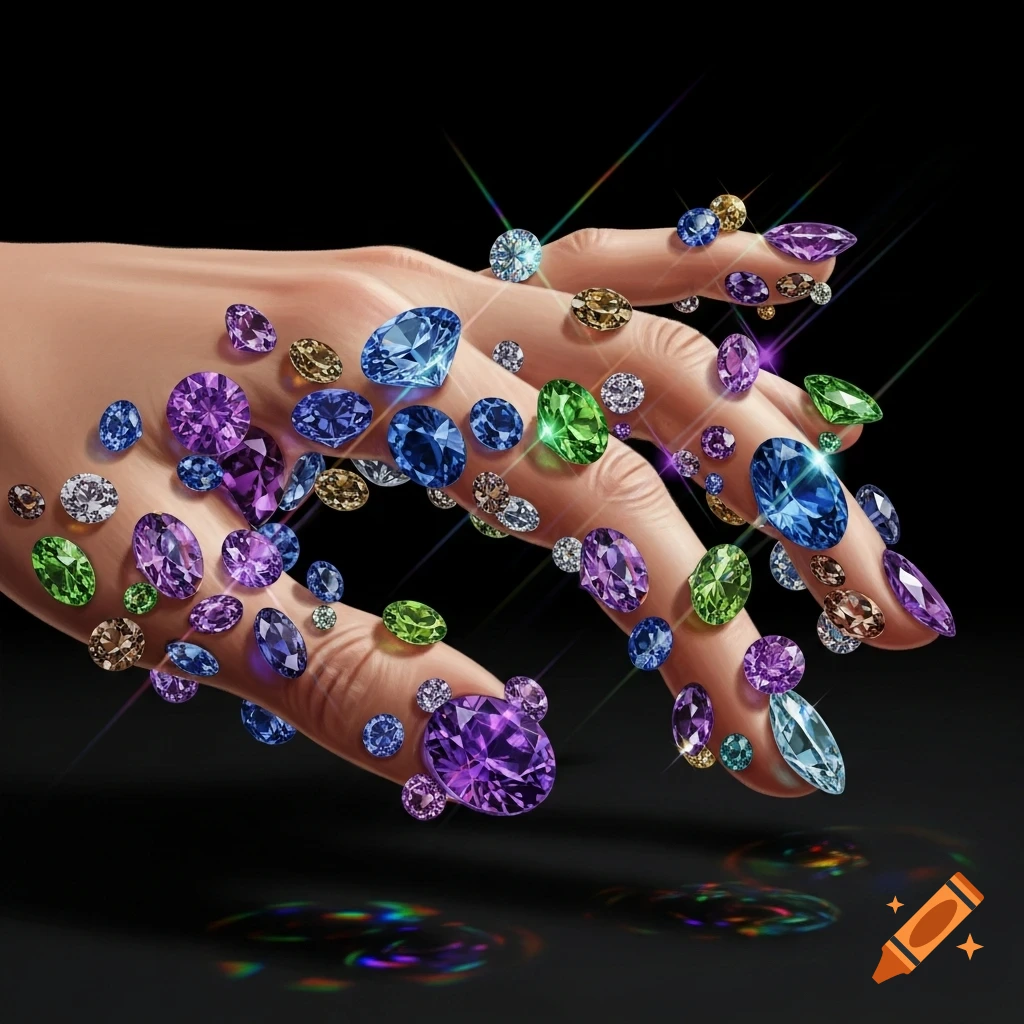 A hand covered in sparkling, colorful gemstones of various sizes on a black background.