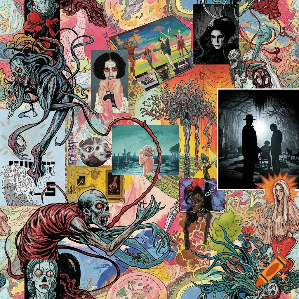 A colorful, complex collage with brush and ink artwork, featuring grotesque, zombie-like figures, a shadowy horror film scene, and various abstract shapes and forms that merge together in a vibrant, unsettling style.