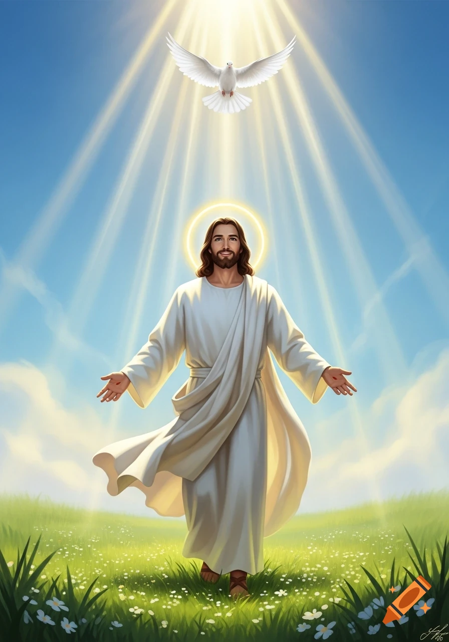 Jesus with a halo and outstretched arms walks in a green field under a radiant sky with a dove, in a digital art style.