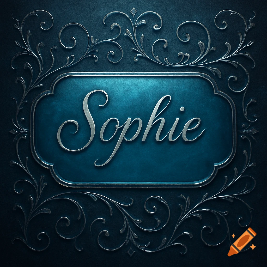 A silver metallic nameplate with the name 'Sophie' in a script font, surrounded by elegant silver floral scrollwork on a dark blue background.