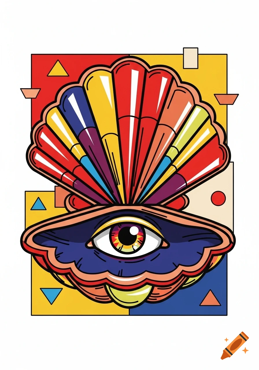 Quirky pop-art illustration of an abstract eye inside a colorful seashell, with bold black outlines and flat color blocks.