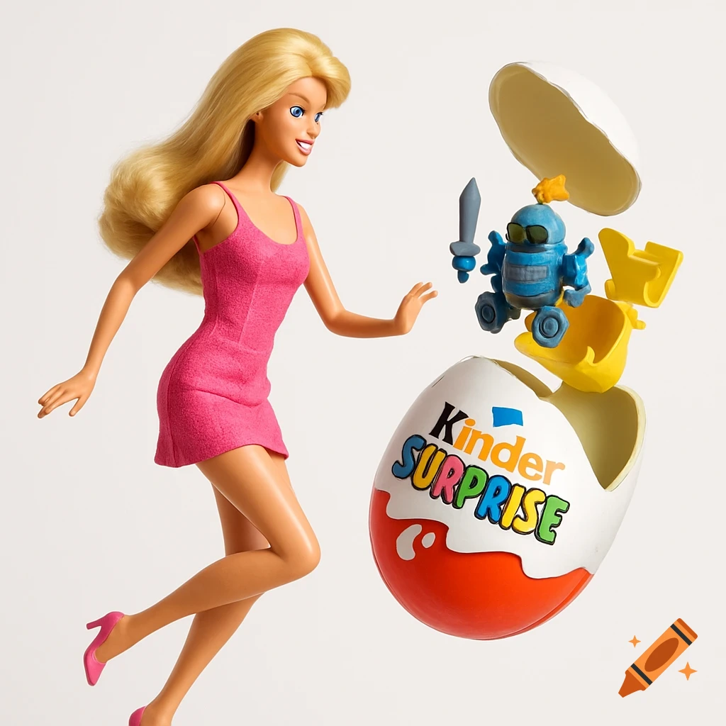 A photorealistic image of a Barbie doll in a pink dress standing next to an open Kinder Surprise egg with a blue robot toy inside, on a white background.