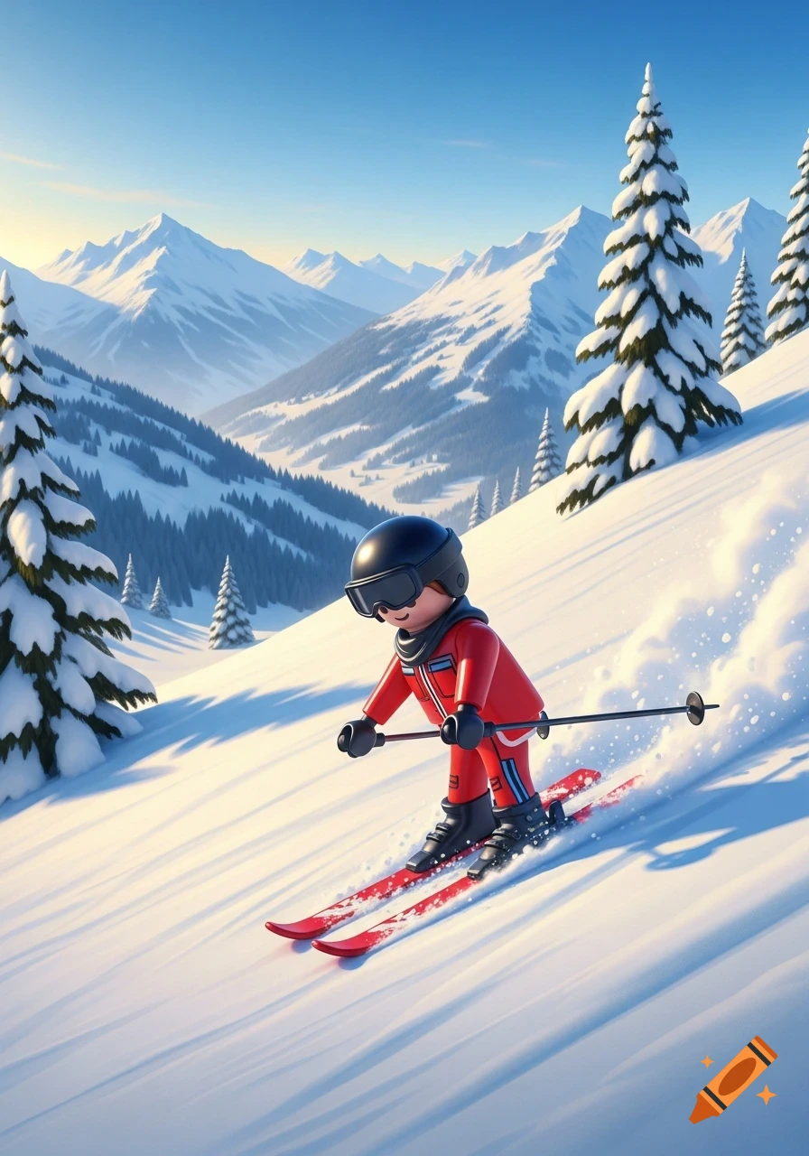A Playmobil figure in a red ski suit skis down a snowy mountain slope with pine trees and distant peaks under a blue sky.